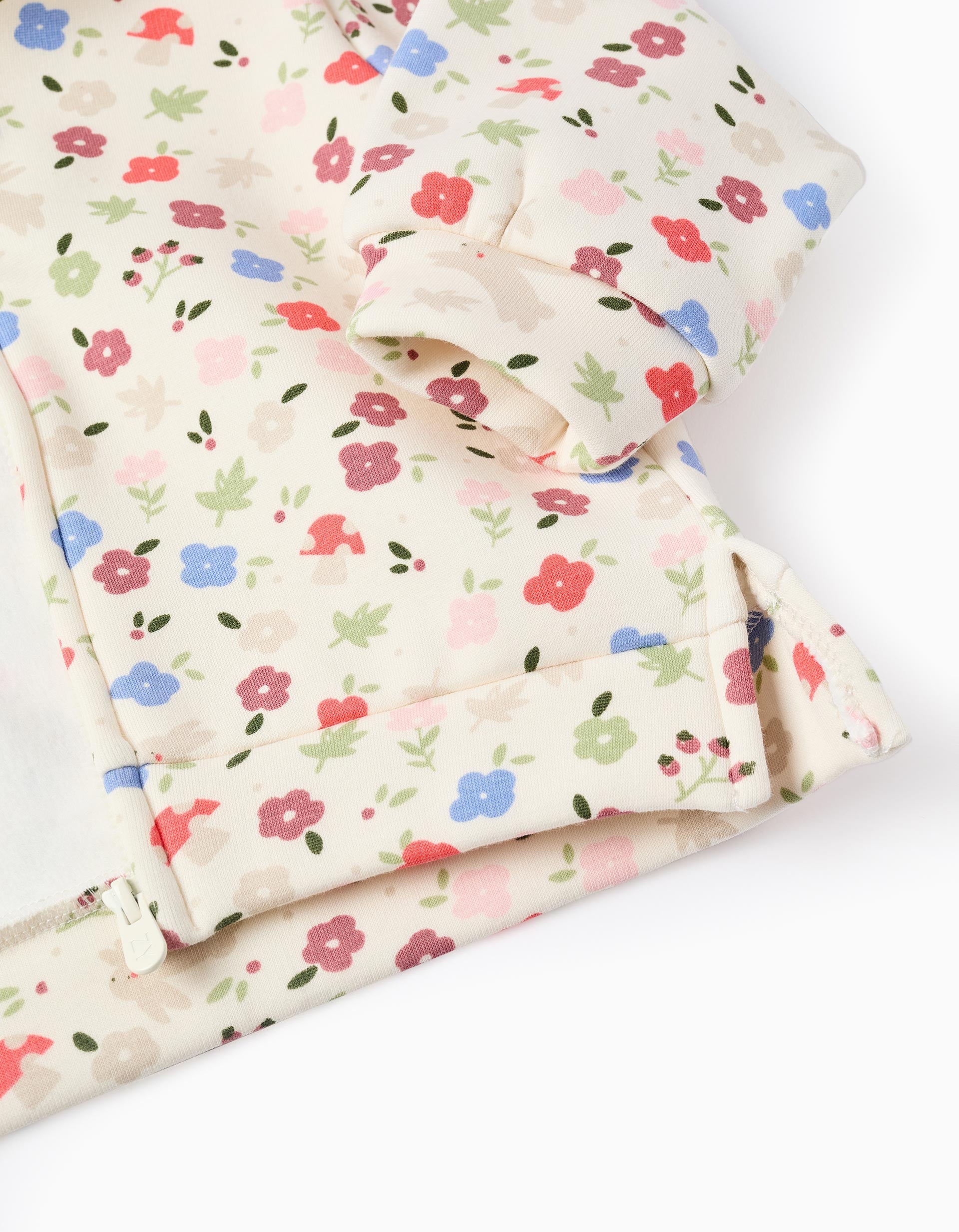 Brushed hooded jacket with floral motif for baby girls, white