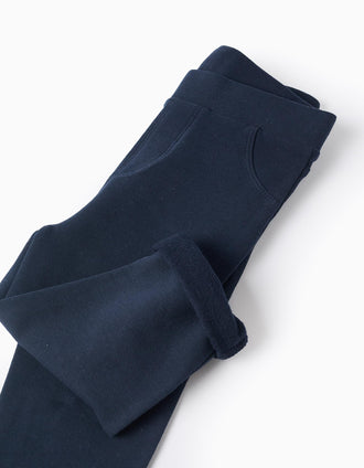 Leggings cardadas com bolsos decorativos para bebé menina, azul-escuro