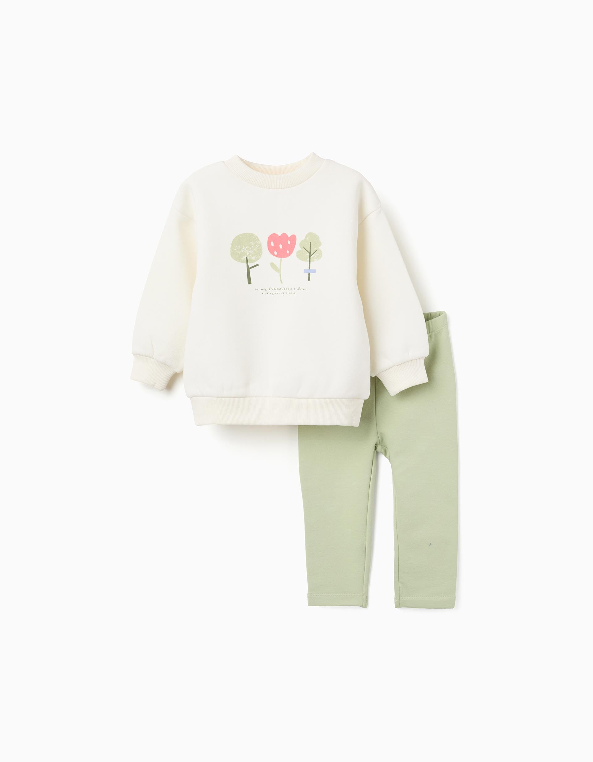 Brushed sweatshirt + leggings for baby girls, white/light green