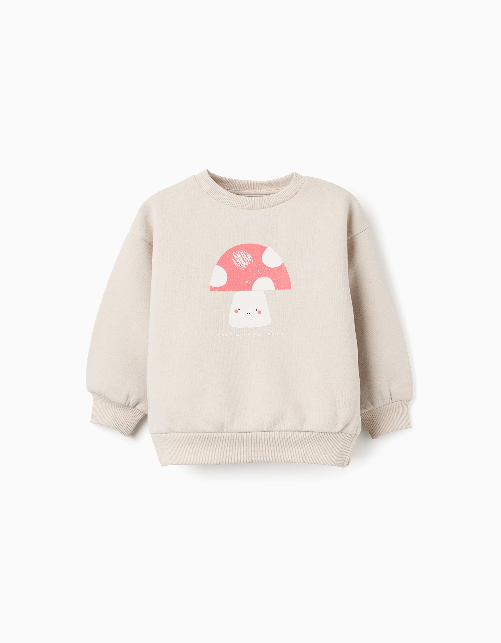 Brushed sweatshirt with mushroom print for baby girls, beige