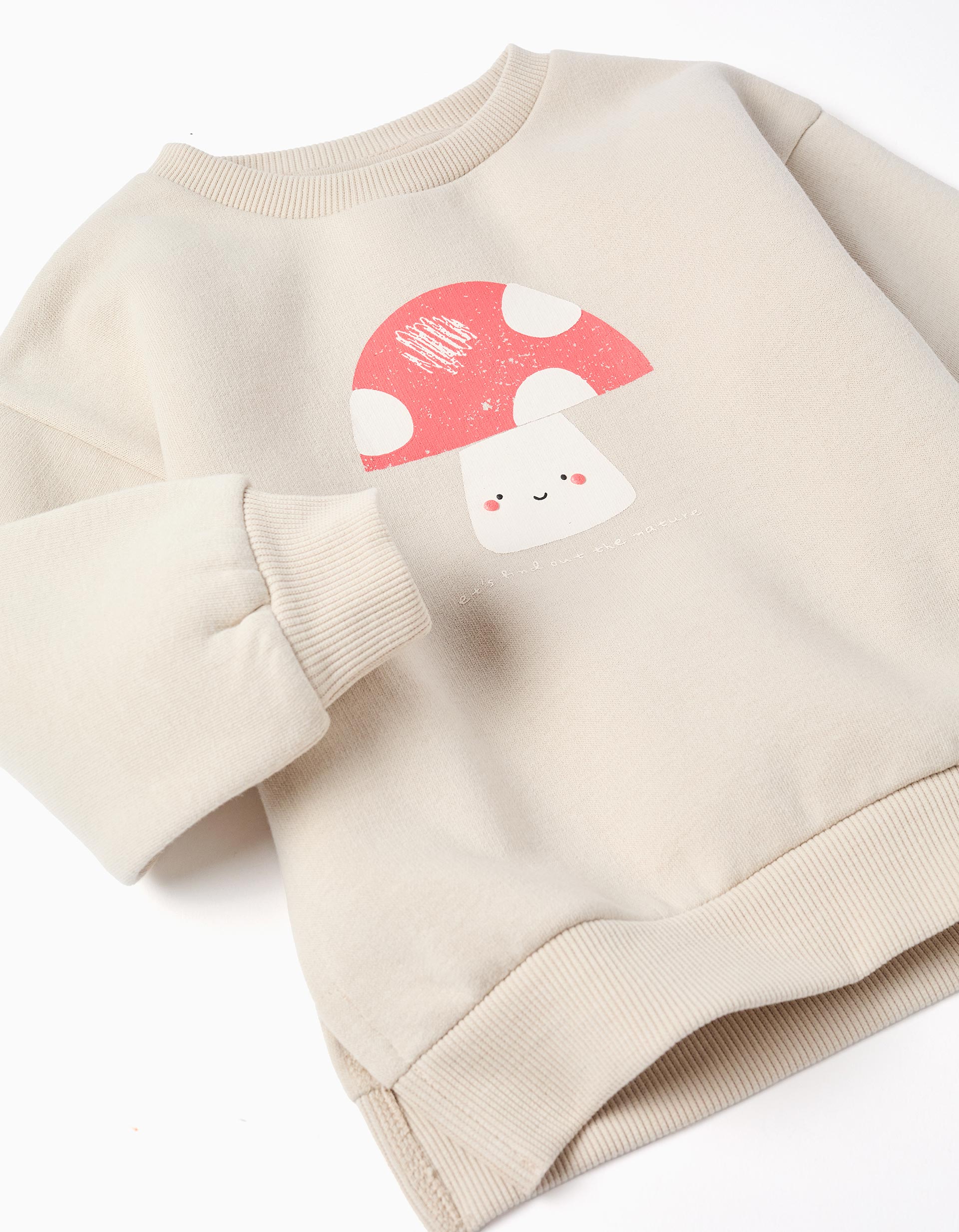 Brushed sweatshirt with mushroom print for baby girls, beige