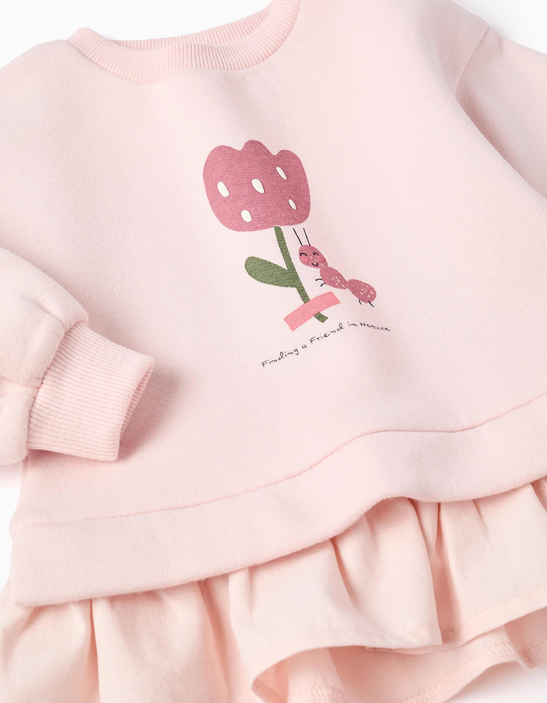 Brushed sweatshirt with flower and ant print for baby girls, light pink