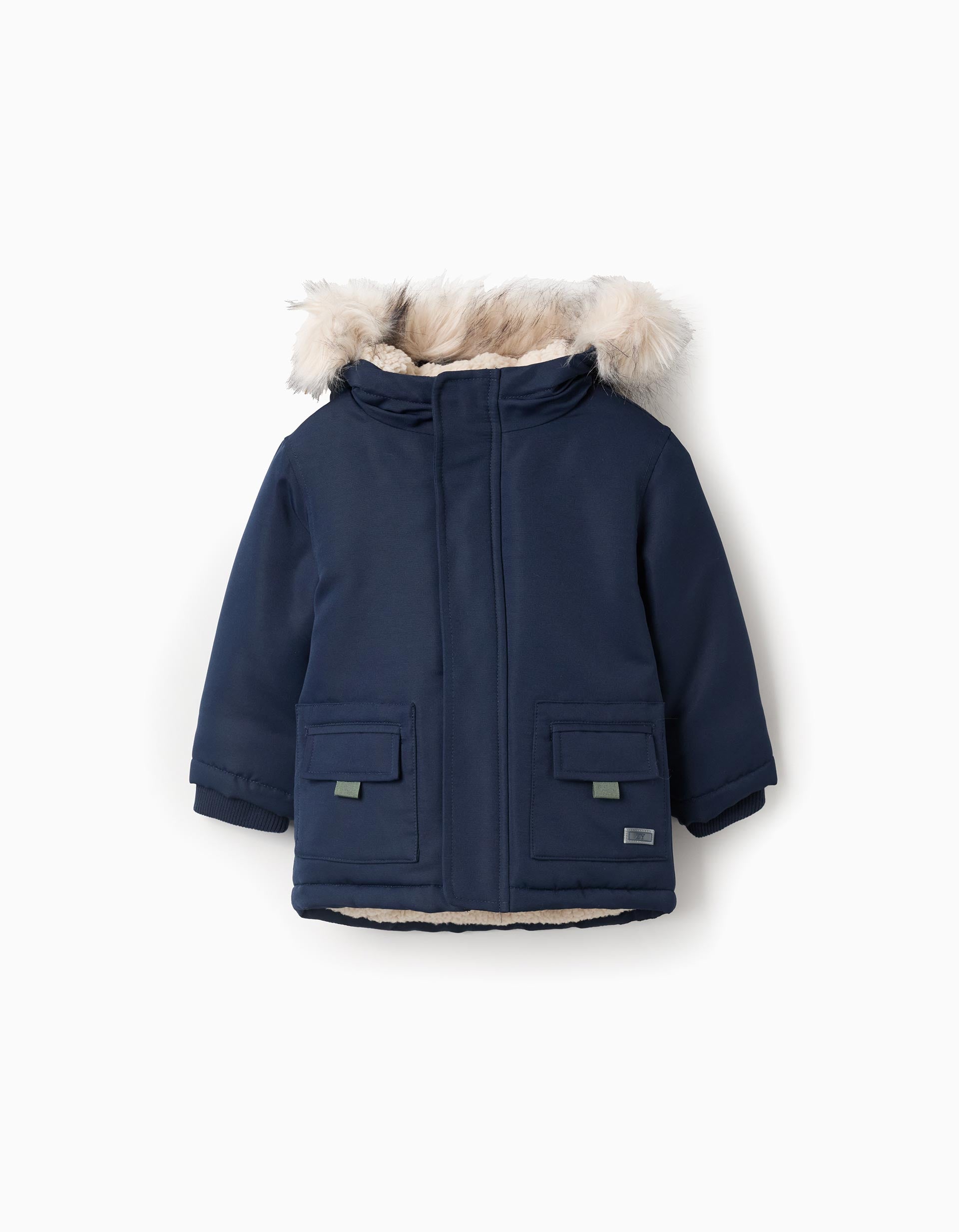 Parka Acolchoada com Capuz com Pelo Amovível para Bebé Menino, Azul