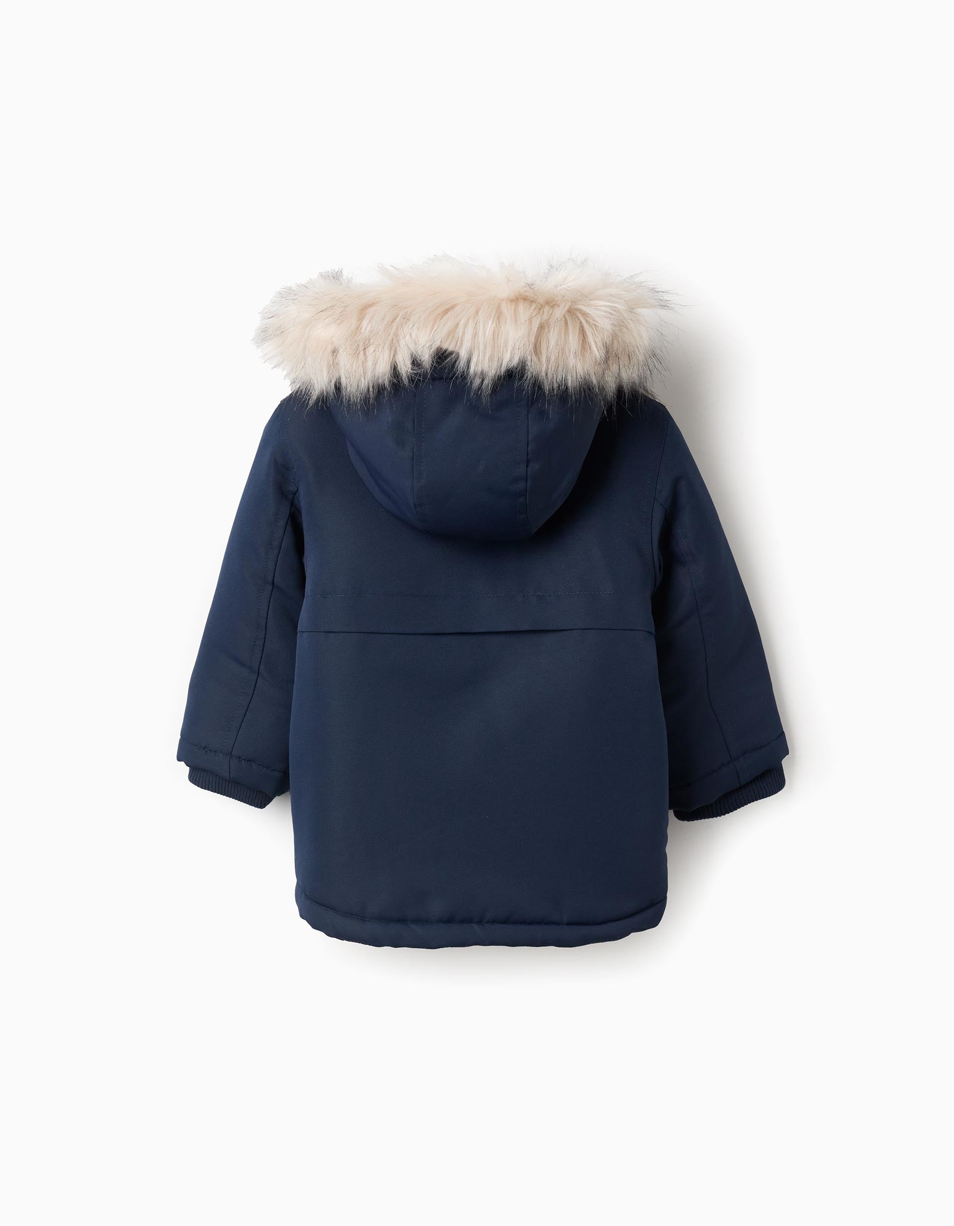 Parka Acolchoada com Capuz com Pelo Amovível para Bebé Menino, Azul
