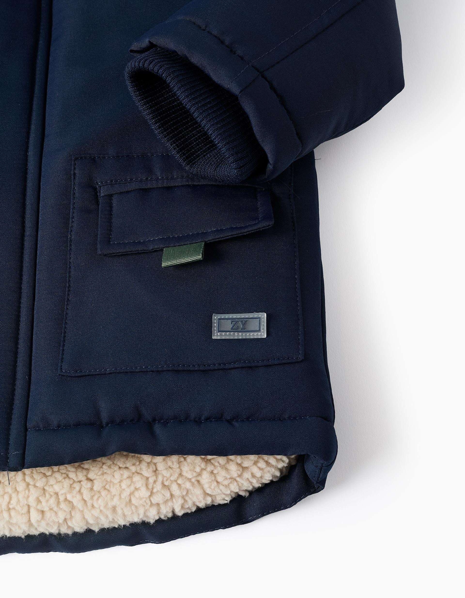 Parka Acolchoada com Capuz com Pelo Amovível para Bebé Menino, Azul