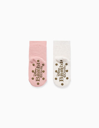 Lot de 2 Chaussettes Antidérapantes 'Bambi' pour Bébé Fille, Rose/Beige
