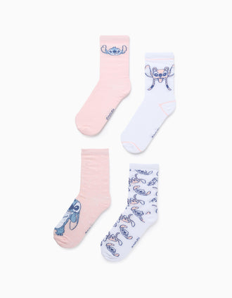 Pack de 4 Pares de Calcetines 'Stitch' para Niña, Rosa/Blanco