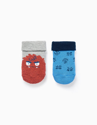 Pack 2 Pares Meias Antiderrapantes para Bebé 'Monstros', Azul/Cinza