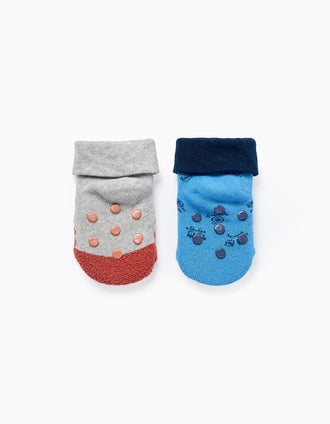 Pack 2 Pares Meias Antiderrapantes para Bebé 'Monstros', Azul/Cinza
