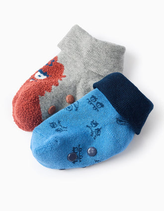 Pack 2 Pares Meias Antiderrapantes para Bebé 'Monstros', Azul/Cinza