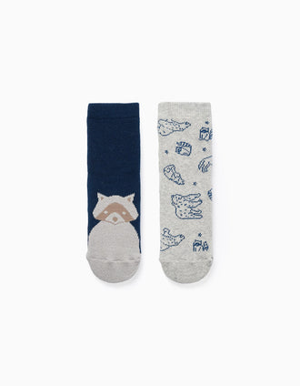 Pack 2 Meias Antiderrapantes para Menino 'Animais', Azul-Escuro/Cinza