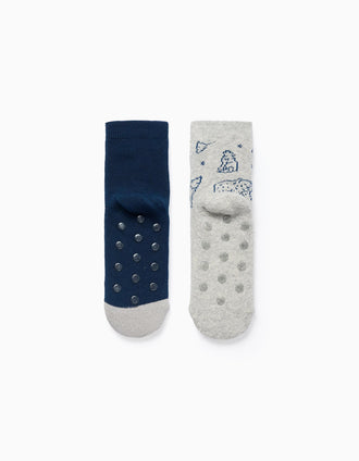 Pack 2 Meias Antiderrapantes para Menino 'Animais', Azul-Escuro/Cinza