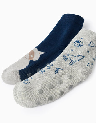 Pack 2 Meias Antiderrapantes para Menino 'Animais', Azul-Escuro/Cinza