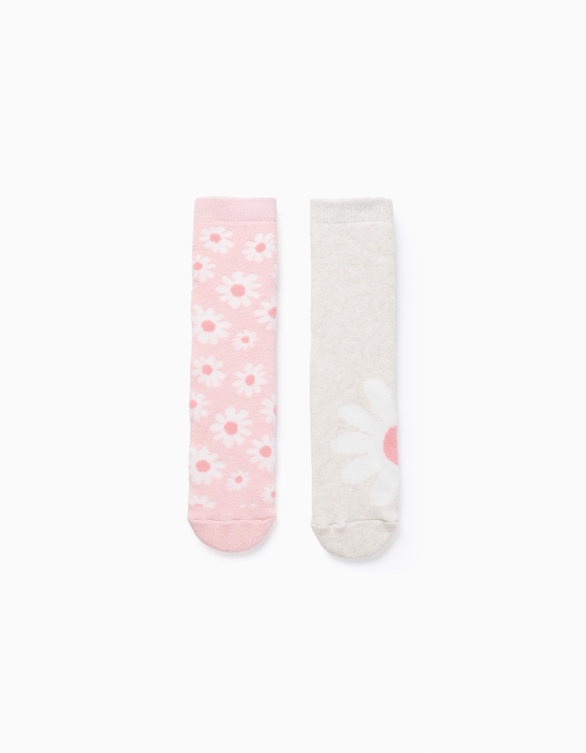 Pack of 2 Non-Slip Socks for Girls 'Flowers', Pink/Beige