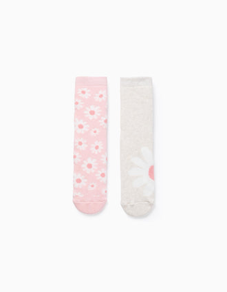 Pack de 2 Calcetines Antideslizantes 'Flores' para Niña, Rosa/Beige