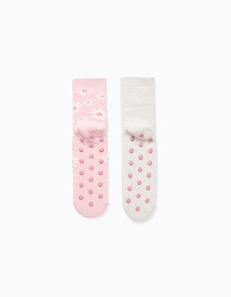 Pack de 2 Calcetines Antideslizantes 'Flores' para Niña, Rosa/Beige