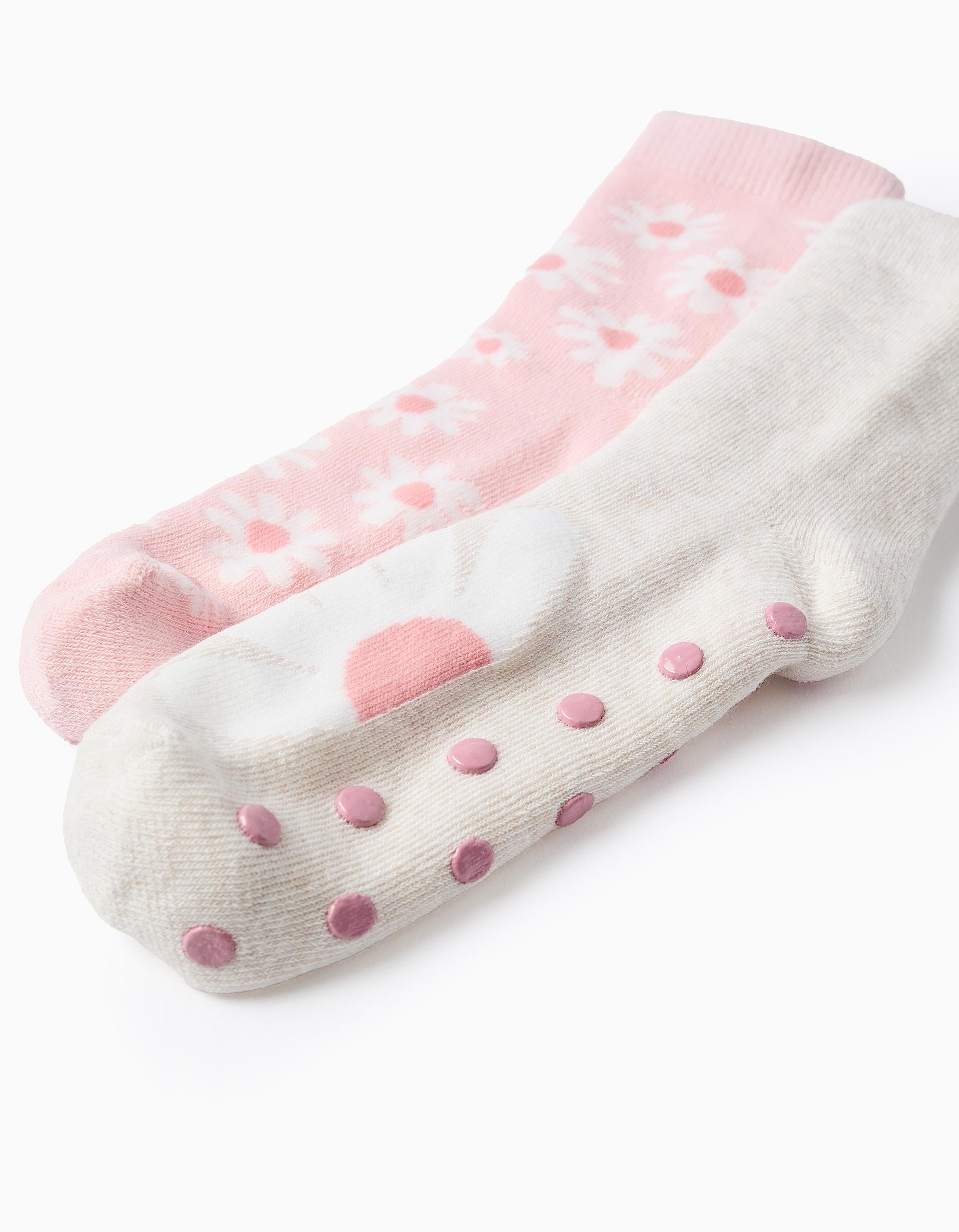 Pack of 2 Non-Slip Socks for Girls 'Flowers', Pink/Beige