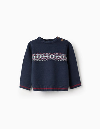 Camisola de Malha com Jacquard e Riscas para Bebé Menino, Azul Escuro