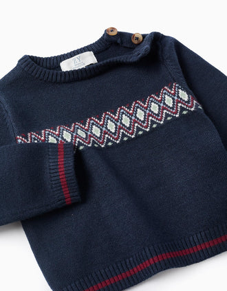 Camisola de Malha com Jacquard e Riscas para Bebé Menino, Azul Escuro