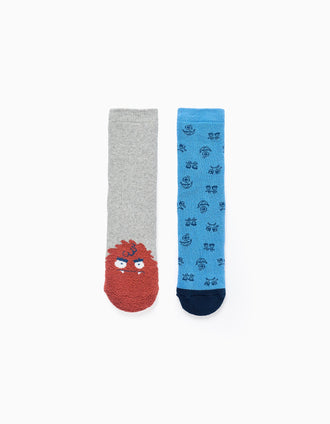 Pack 2 Pares Meias Antiderrapantes para Menino 'Monstros', Azul/Cinza