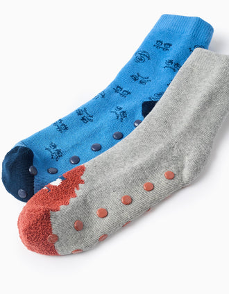 Pack 2 Pares Meias Antiderrapantes para Menino 'Monstros', Azul/Cinza