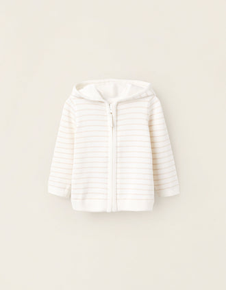 Gilet en Maille à Capuche Rayé pour Nouveau-Né, Blanc/Beige