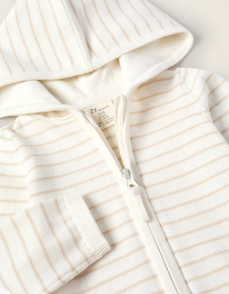 Gilet en Maille à Capuche Rayé pour Nouveau-Né, Blanc/Beige