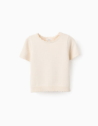 Camiseta de Punto con Lunares En Relieve para Niña, Beige