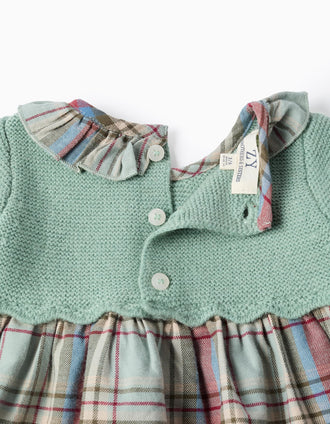 Dual-fabric Dress with Check for Newborn Girls 'B&S', Green