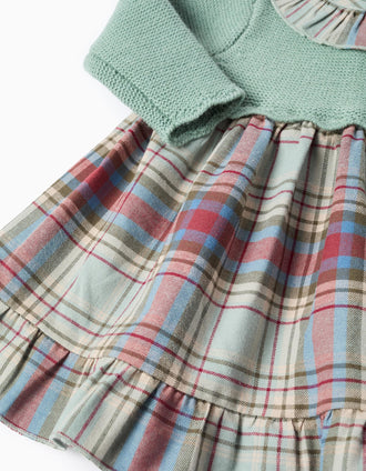 Dual-fabric Dress with Check for Newborn Girls 'B&S', Green