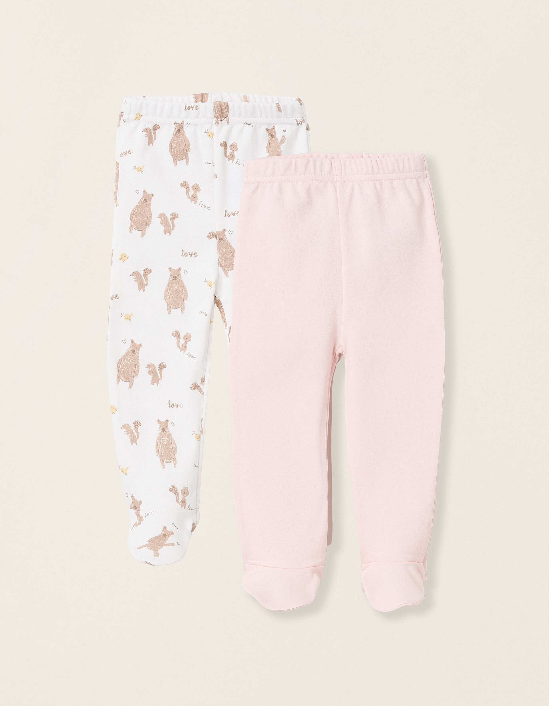 Pack 2 Pantalons avec Pieds pour Bébé Fille 'Family Love', Rose/Blanc