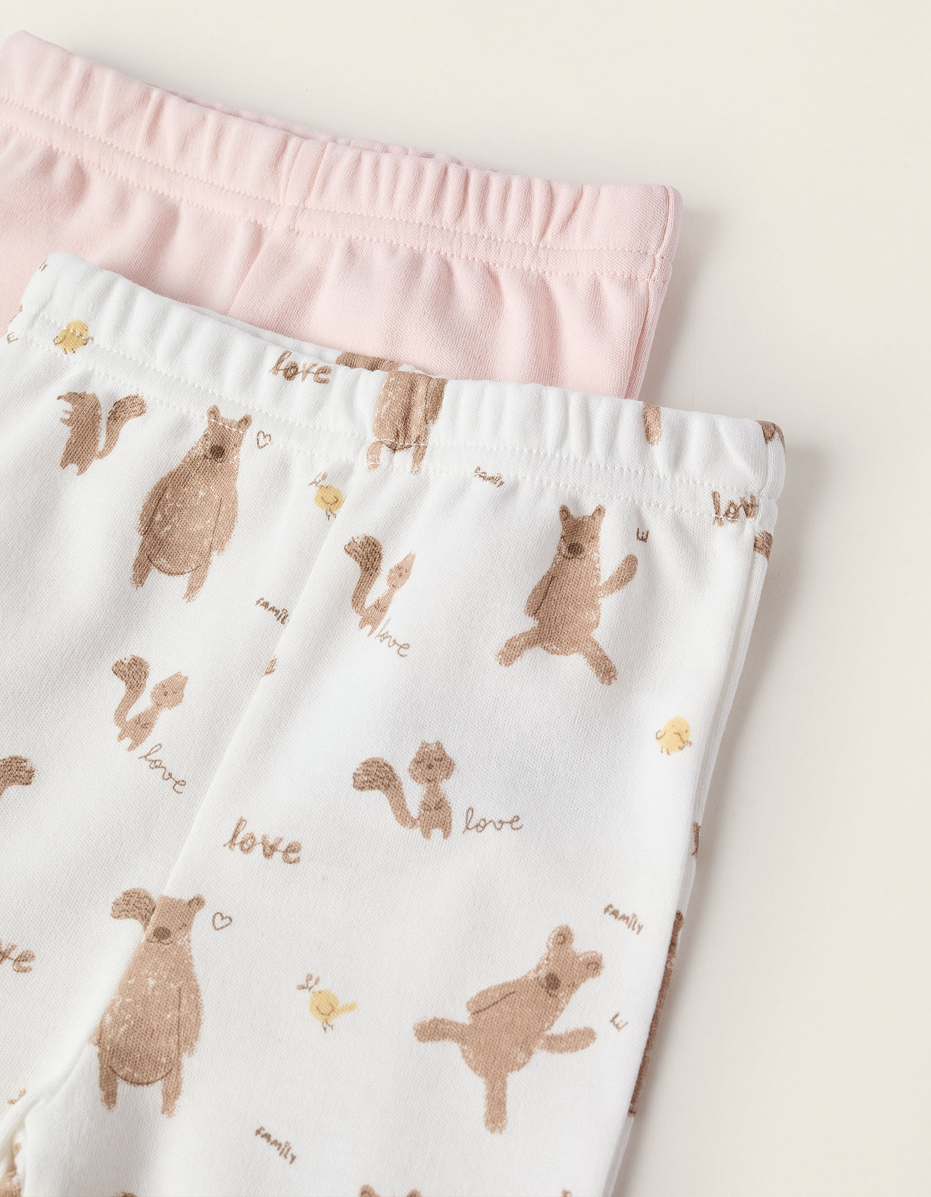 Pack 2 Pantalons avec Pieds pour Bébé Fille 'Family Love', Rose/Blanc