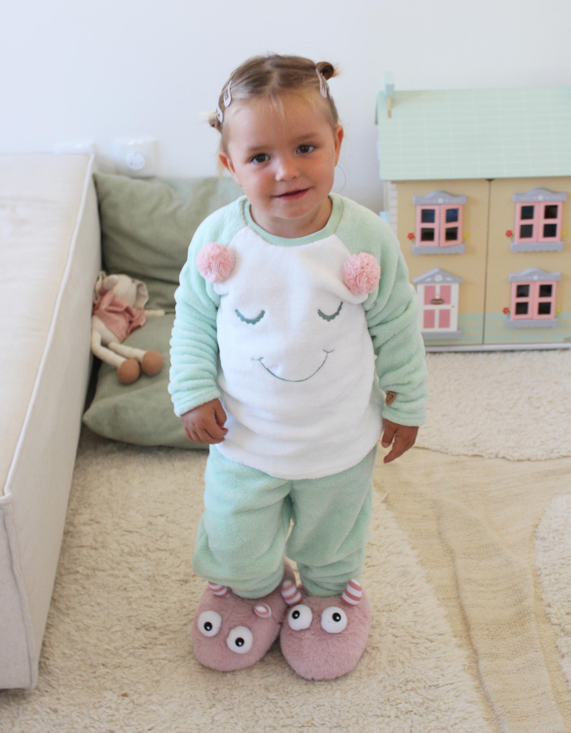 Plush pyjamas with Monsters of Emotions embroidery for girls, green/white