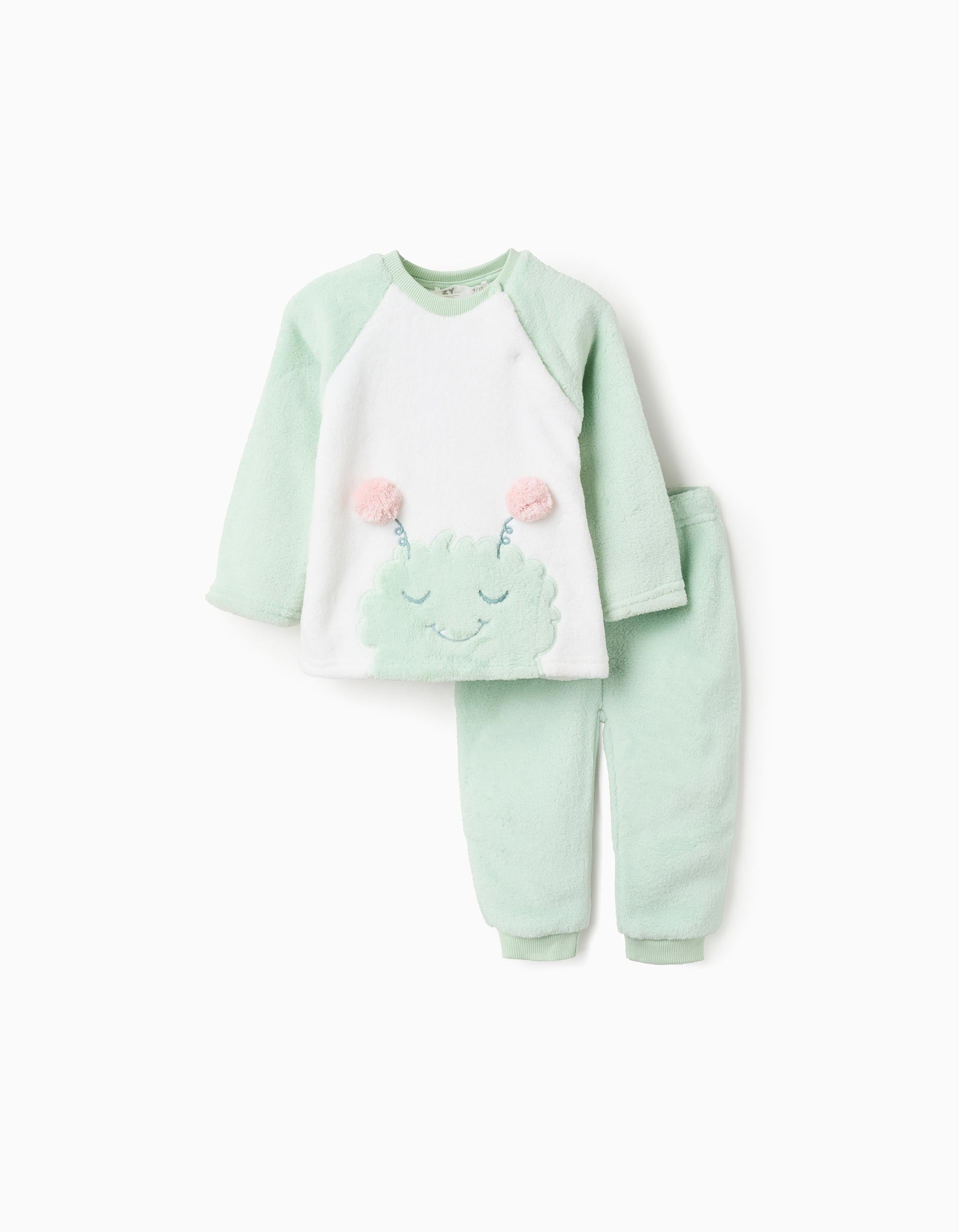 Pyjama peluche avec broderie 'Émotions' pour bébé fille, vert/blanc
