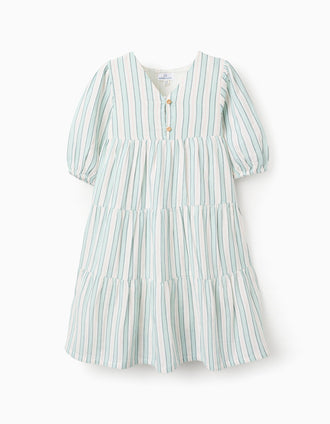 Vestido de Algodón a Rayas para Niña 'B&S', Verde/Blanco/Naranja