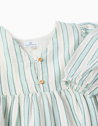 Vestido de Algodón a Rayas para Niña 'B&S', Verde/Blanco/Naranja