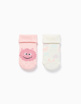 Pack 2 Pares Meias Antiderrapantes para Bebé 'Monstros', Rosa/Branco