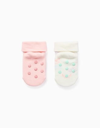 Pack 2 Pares Meias Antiderrapantes para Bebé 'Monstros', Rosa/Branco