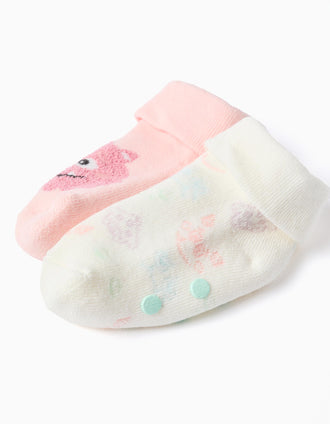 Pack 2 Pares Meias Antiderrapantes para Bebé 'Monstros', Rosa/Branco