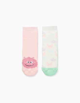 Lote de 2 Pares de Calcetines Antideslizantes para Niña 'Monsters', Rosa/Blanco