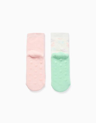 Lote de 2 Pares de Calcetines Antideslizantes para Niña 'Monsters', Rosa/Blanco