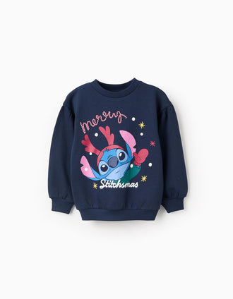 Sudadera perchada con estampado de Stitch para niña, azul oscuro