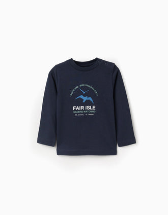 T-shirt de algodão 'fair isle' para bebé menino, azul-escuro