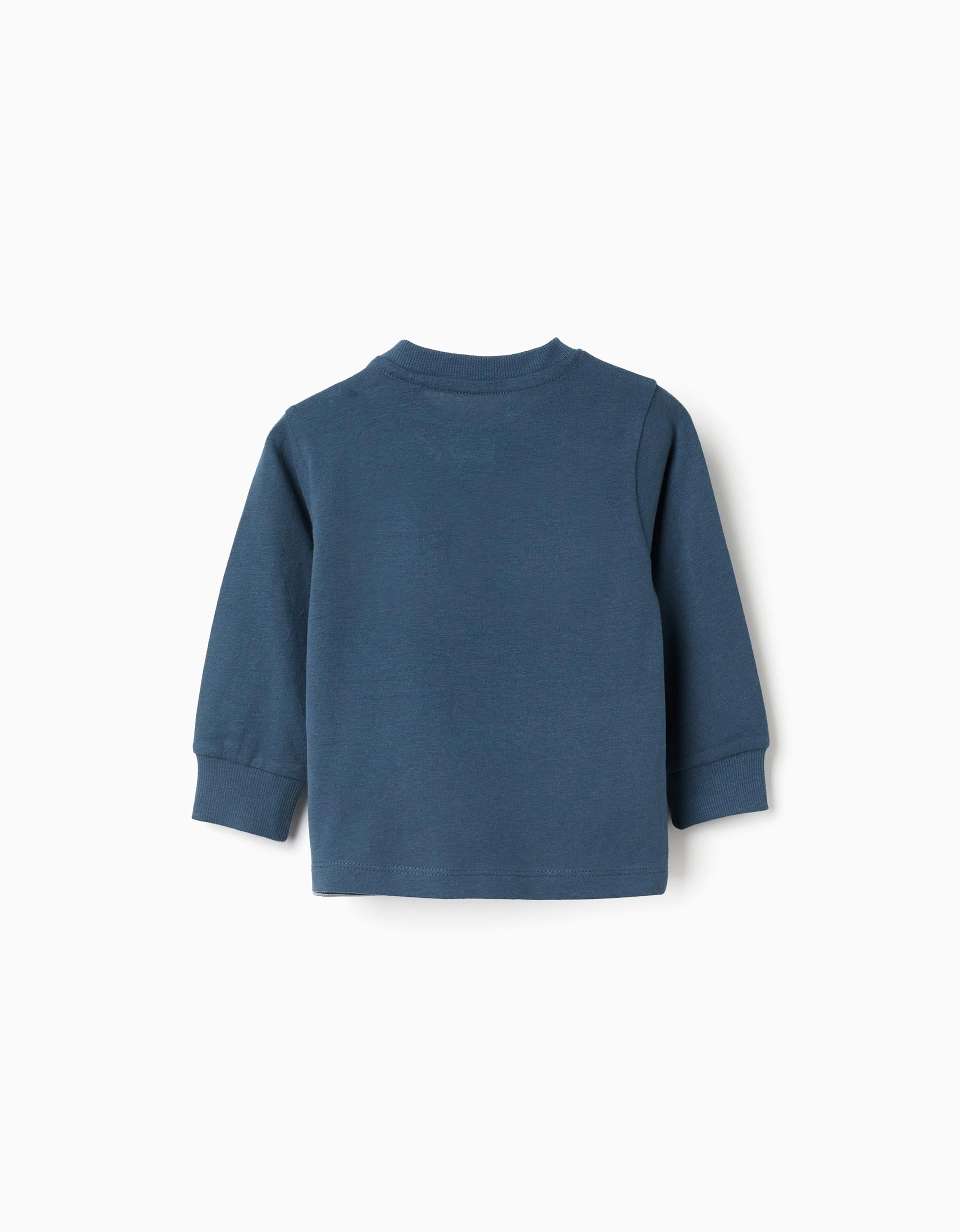 Long sleeve cotton T-shirt with 'Nature' print for baby boys, blue