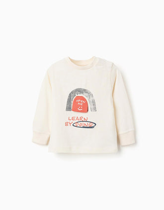 T-shirt de algodão com estampado de raposa para bebé menino, branco