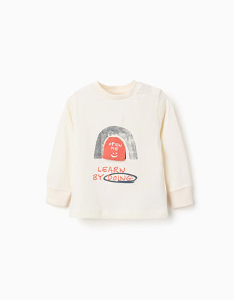 T-shirt de algodão com estampado de raposa para bebé menino, branco