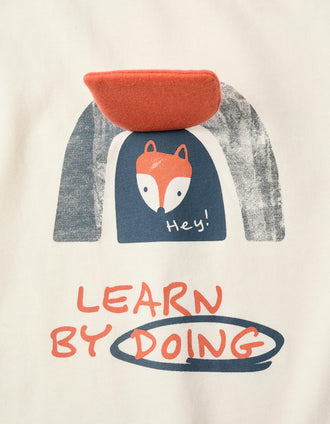 T-shirt de algodão com estampado de raposa para bebé menino, branco