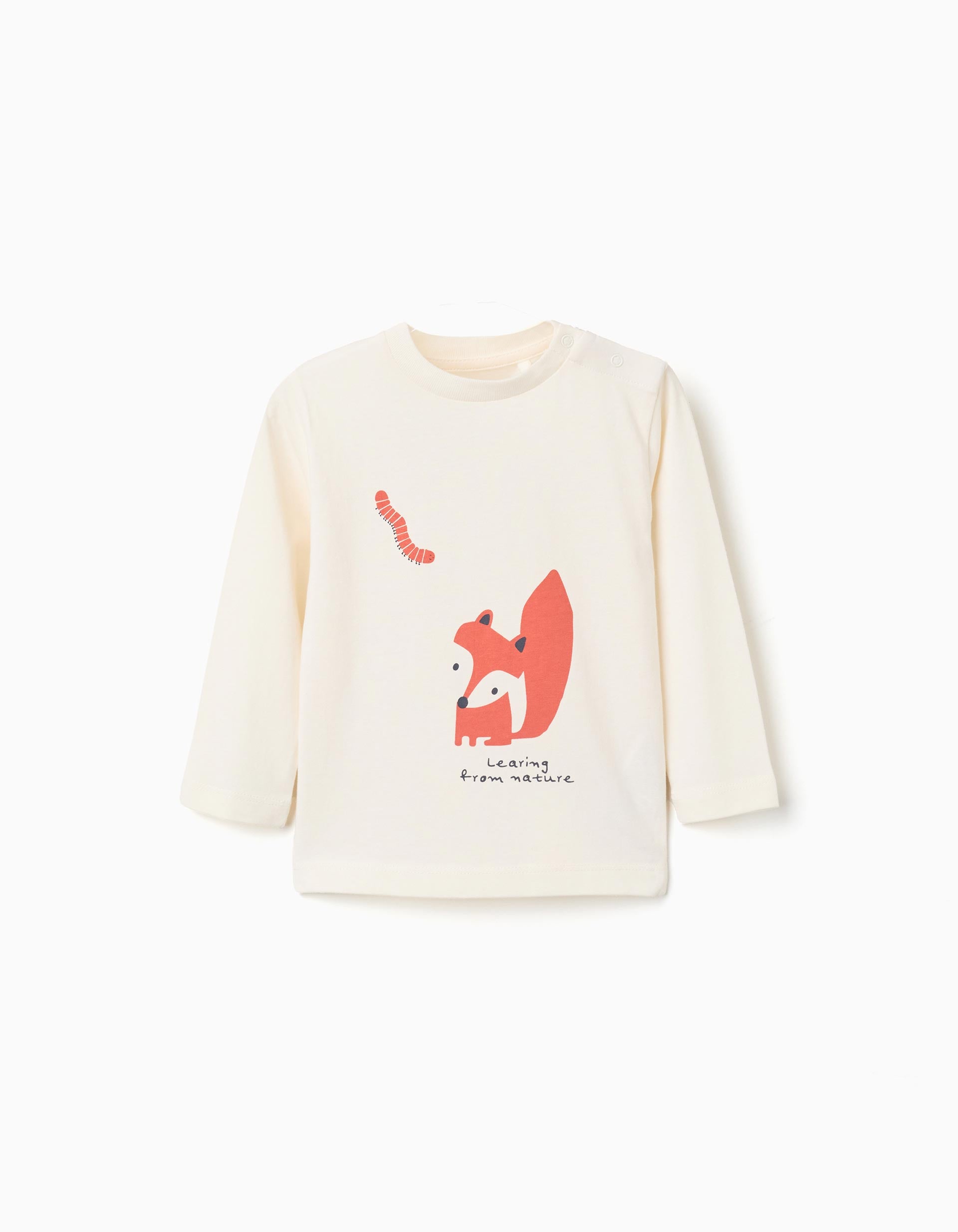Long sleeve cotton T-shirt 'fox and worm' for baby boys, white