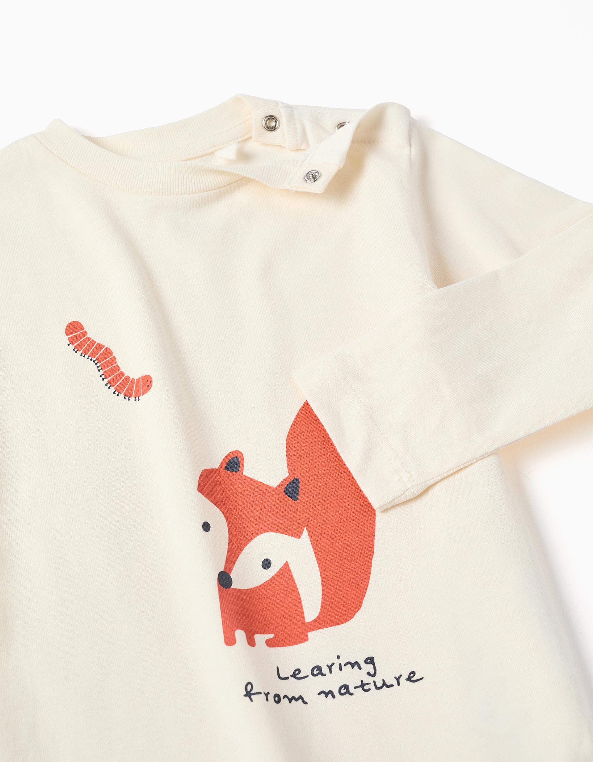 Long sleeve cotton T-shirt 'fox and worm' for baby boys, white