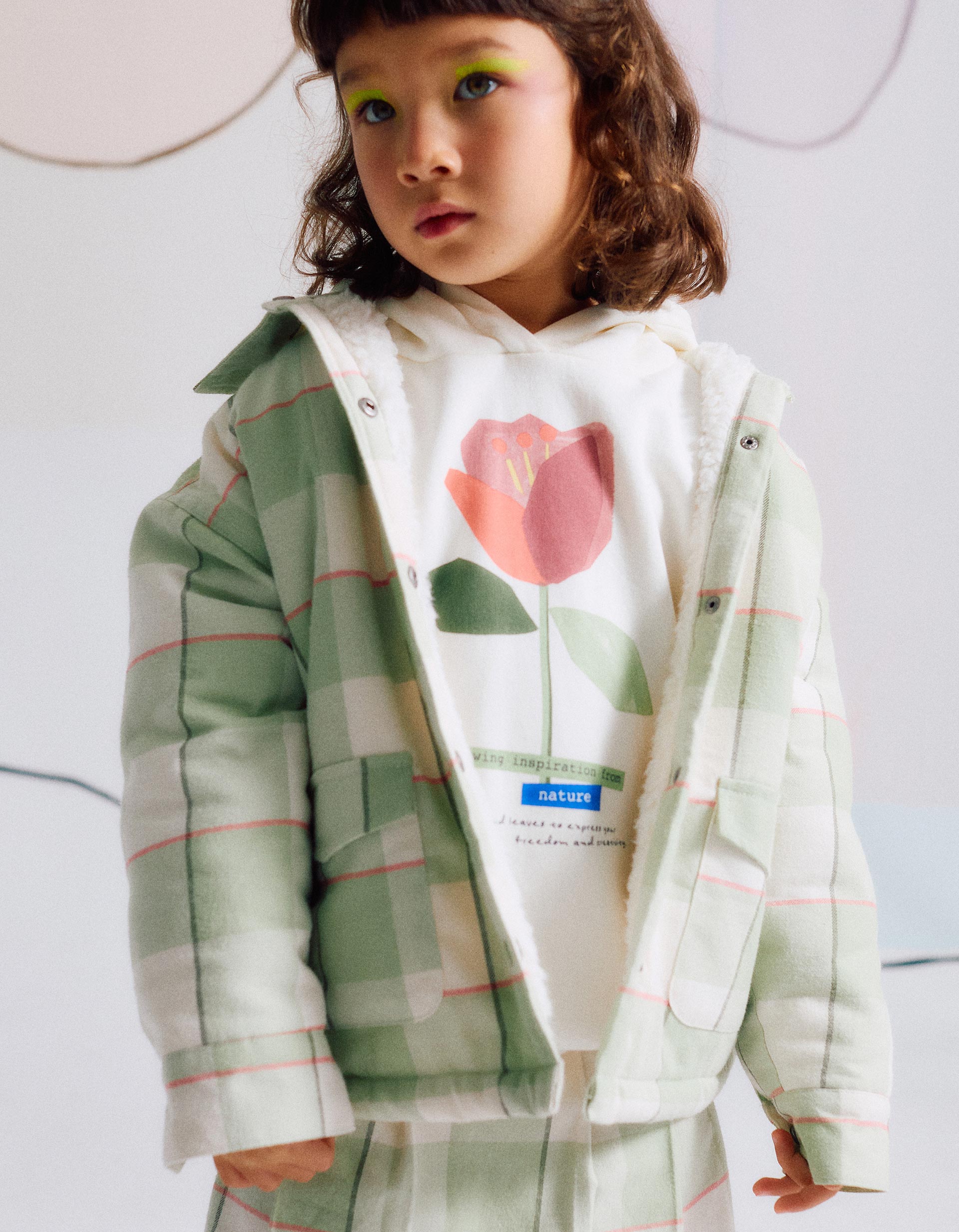 Flannel jacket with sherpa lining for girls, light green